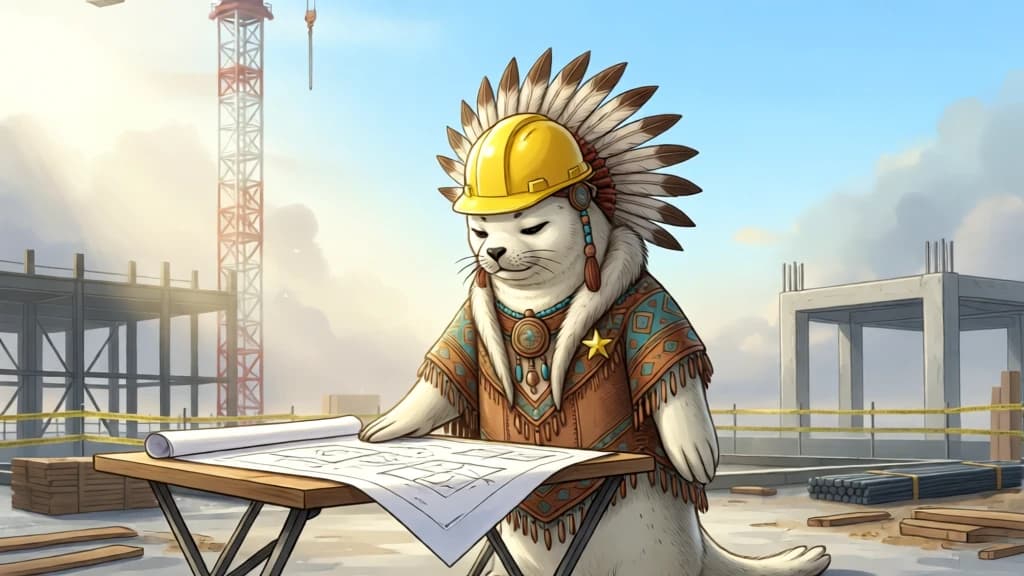 建設現場の図面台で図面を確かめるアザラシ遊牧民のイラスト